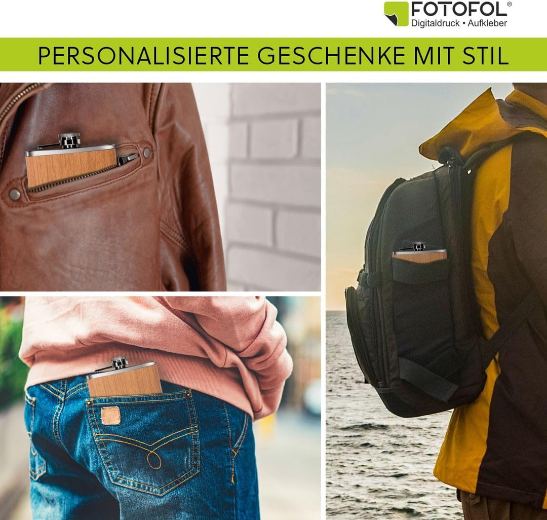 Personalisierter Flachmann mit Gravur - 207 ml Edelstahl-Flachmann in Holzoptik – Geschenk für Männe