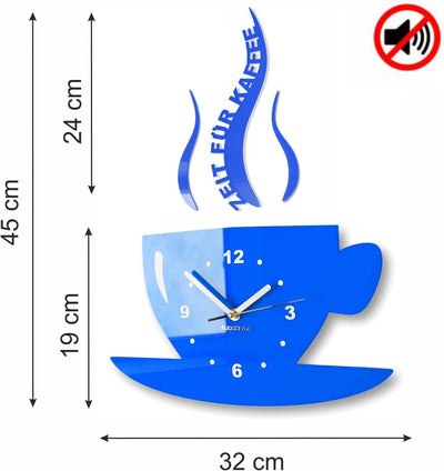 FLEXISTYLE Tasse Zeit für Kaffee Moderne Küche Wanduhr, 3D römisch, wanduhr deko (blau), Blau