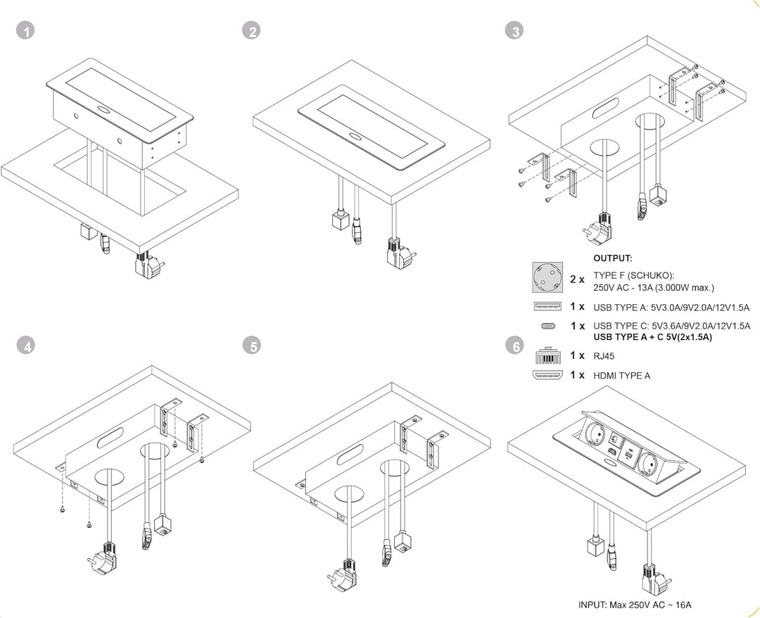 Emuca - ausziehbare und in den Tisch einlassbare Vielfachsteckerleiste, Mehrfachstecker (EU-Stecker