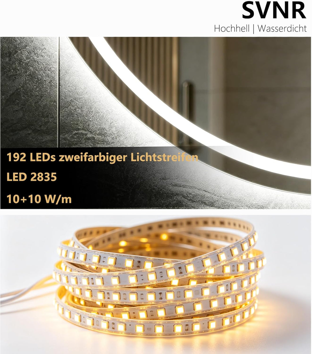 SVNR LED Spiegel mit Beleuchtung rund Ø60 cm – Modernes Badezimmer Spiegel mit Touch Control, 3 Farb