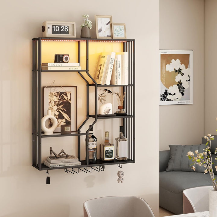 YOURLITE Weinregal Wand mit LED-Beleuchtung Metall,Bar Regal mit Glashalter,Wandmontage Wine Display