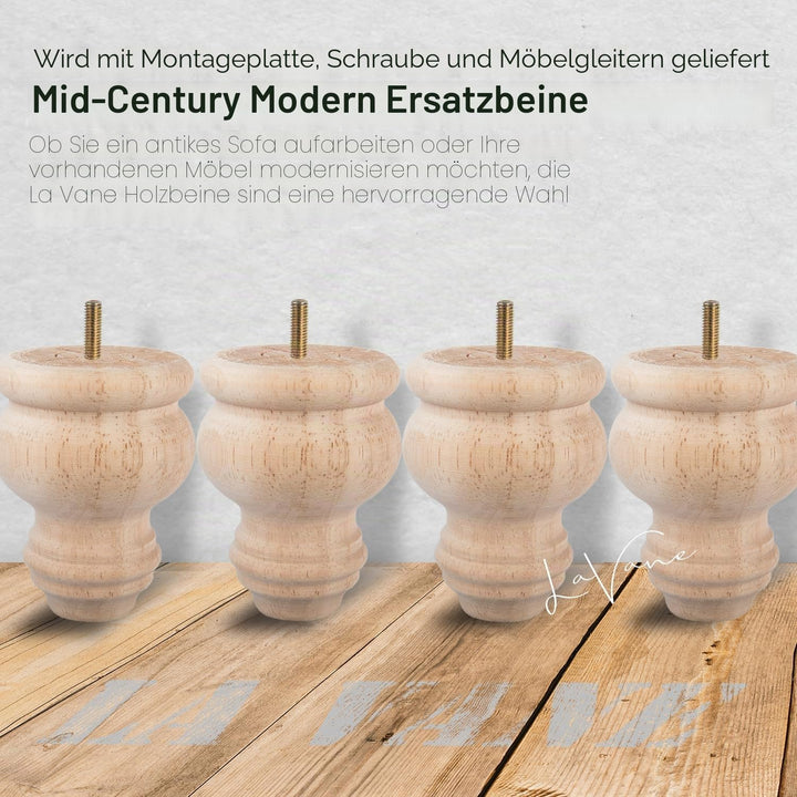 La Vane 4 Stück Möbelfüsse aus Massivholz - 8cm Höhe, Unlackiert, Spindelform mit M8 Bolzen & Montag