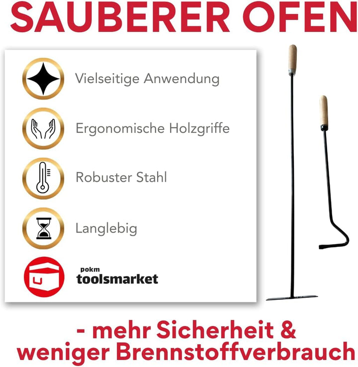 pokm toolsmarket - SET 50cm Schürhaken + 70cm Ascheschaber mit Holzgriff, Kaminbesteck Reinigungsset