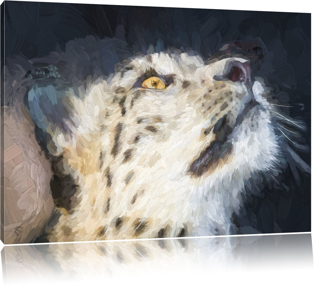 aufschauender Schneeleopard Deluxe Format: 100x70 cm auf Leinwand, XXL riesige Bilder fertig gerahmt