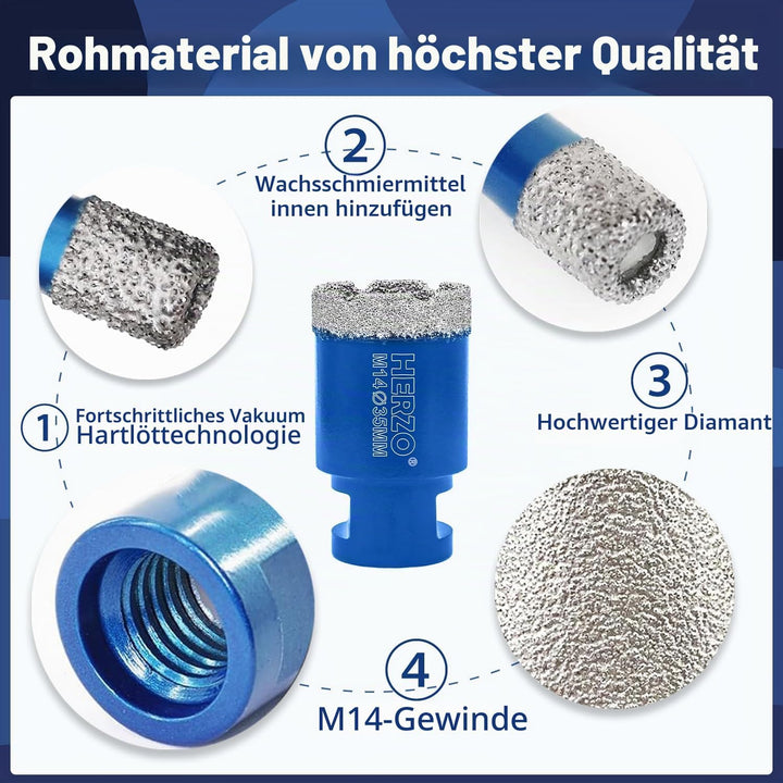 HERZO Diamant Fliesenbohrer 35mm, M14 Gewinde Trockenbohrer, Diamantbohrer Lochsäge, Diamant Bohrkro