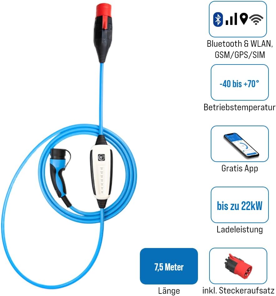 NRGkick 32A 7.5m Standard GSM/GPS/SIM mit 2 Jahren Datenvolumen | inkl. 32A 5Pol Adapter | bis zu 22