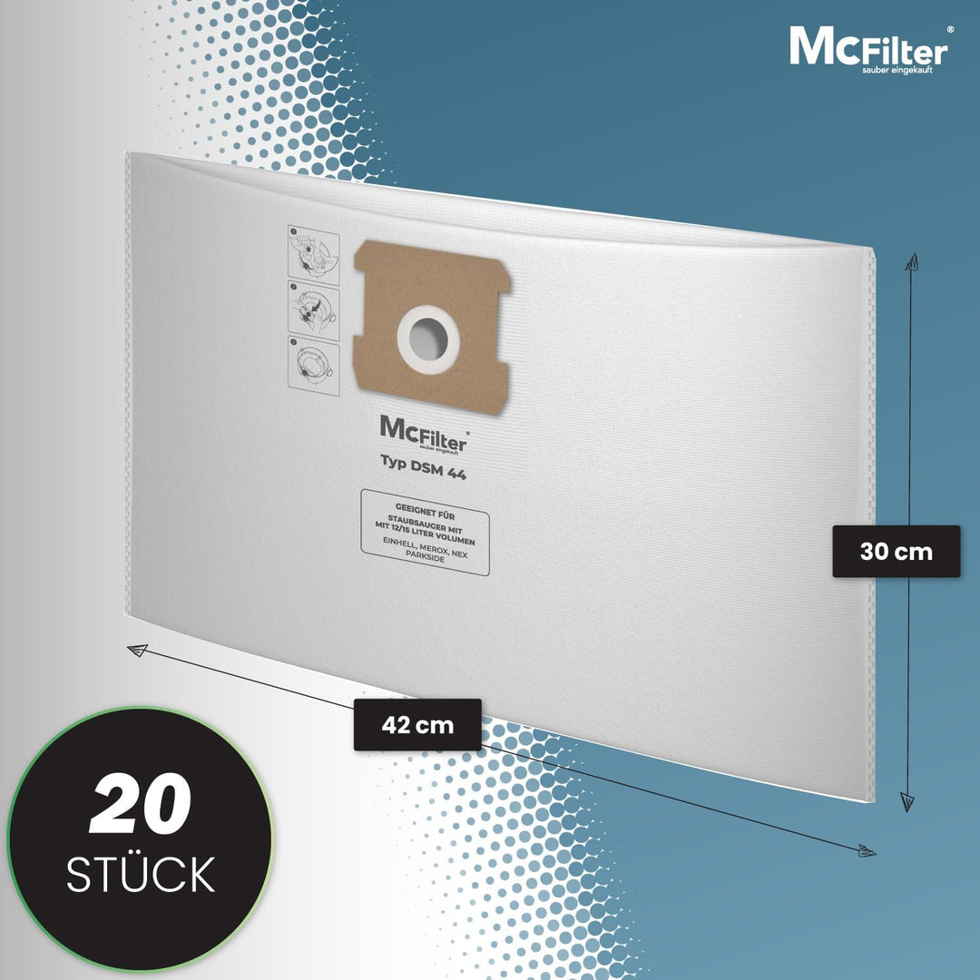 McFilter | 20 Staubsaugerbeutel 12l | kompatibel für ALLE Einhell 12 Liter Nass-Trockensauger | Schm