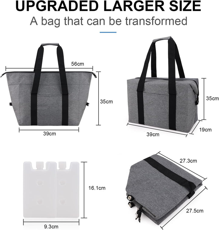 Grosse Kühltasche faltbar 20 L–Faltbare Einkaufstasche mit 2 Kühlboxen, Graue Picknicktasche mit Iso