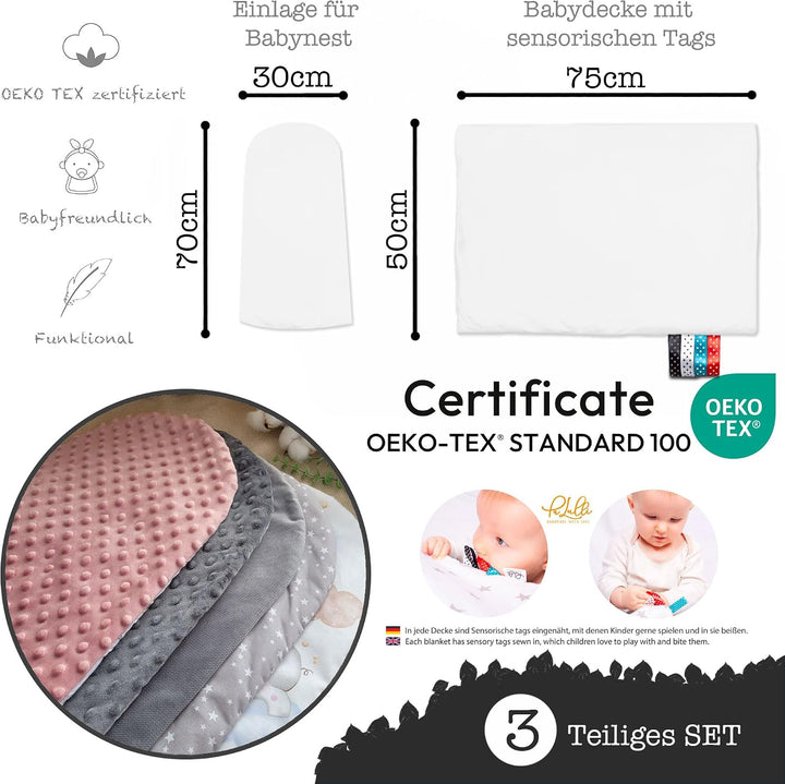 PaLulli 3-TLG Baby Ausstattung-Set Kuschelnest Babynest 95x55cm Baby-Matratze Kuscheldecke Babybett