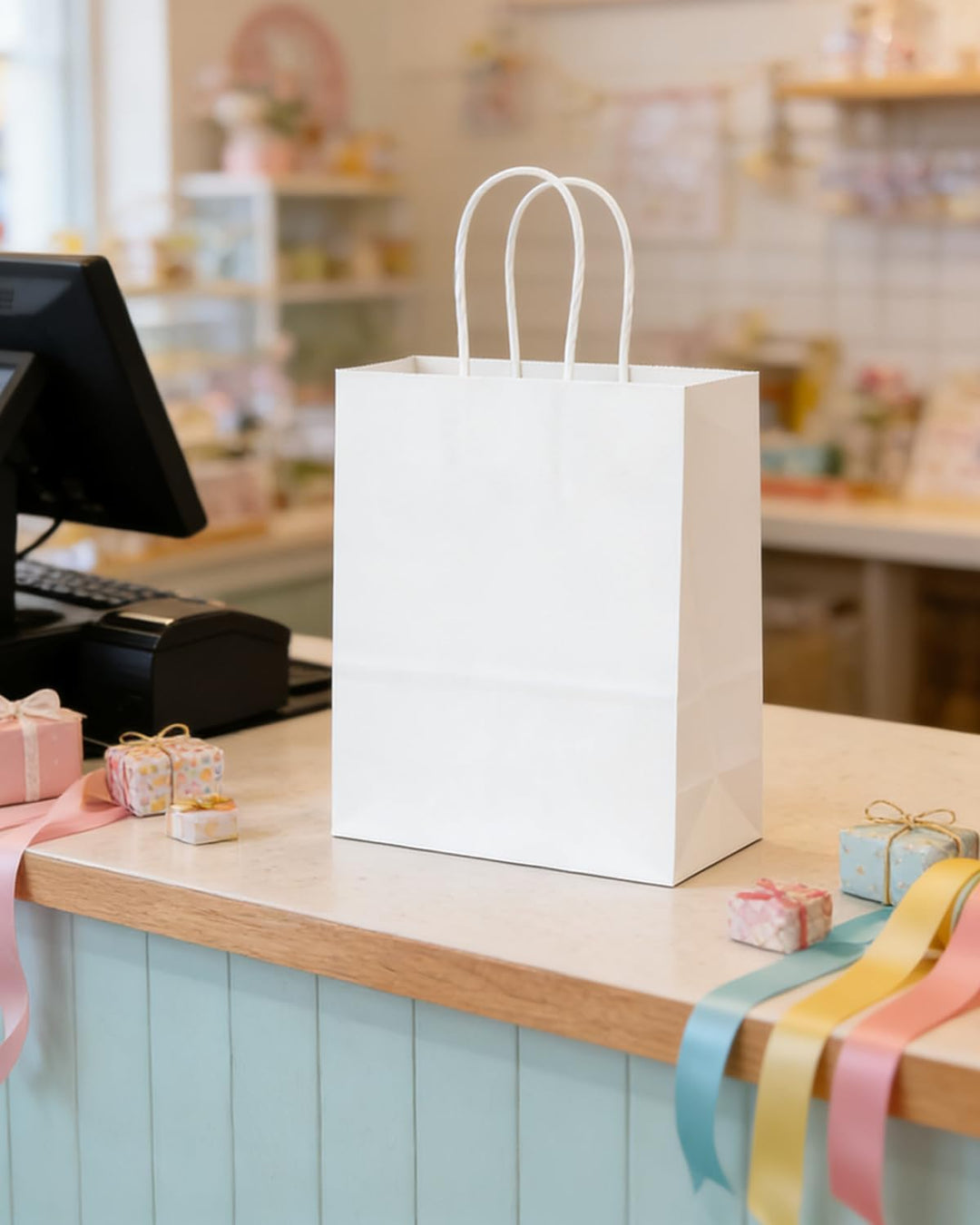 Gcardist 100-Packs weisse Geschenk-Taschen mit Griffen Bulk 11"x8.3"x4.3" Medium Size Paper Bags Mul