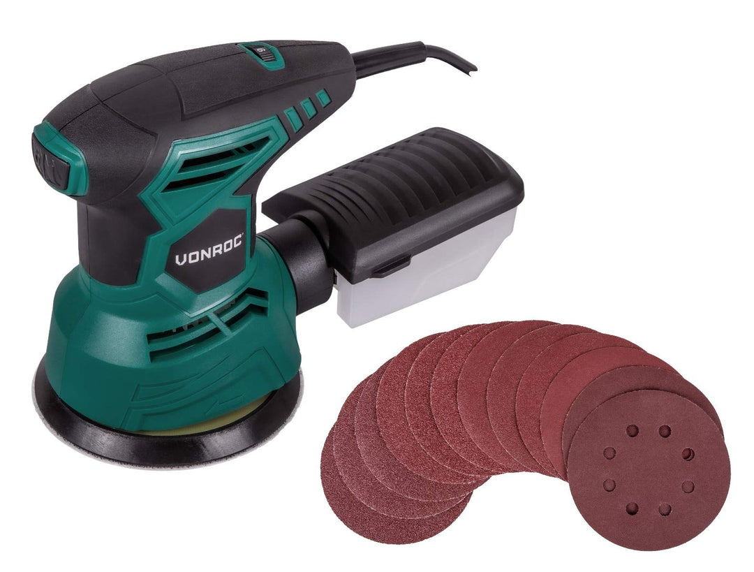 VONROC Exzenterschleifer elektrisch, Schleifmaschine - Handschleifer mit Staubbehälter 300W, 13.000/
