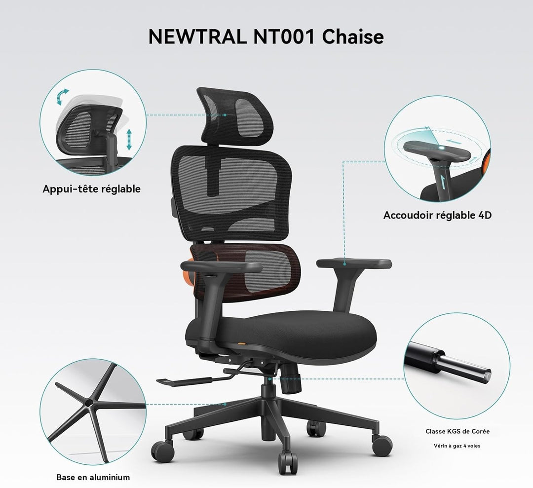 Newtral NT001 Bürostuhl Ergonomisch, Ergonomischer Schreibtischstuhl 150kg, Ergonomic Office Chair P