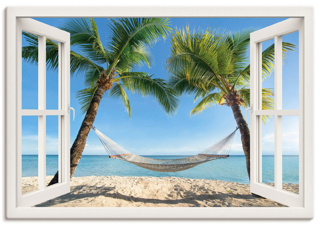 Artland Leinwandbild Wandbild Bild auf Leinwand 70x50 cm Wanddeko Fensterblick Fenster Strand Karibi
