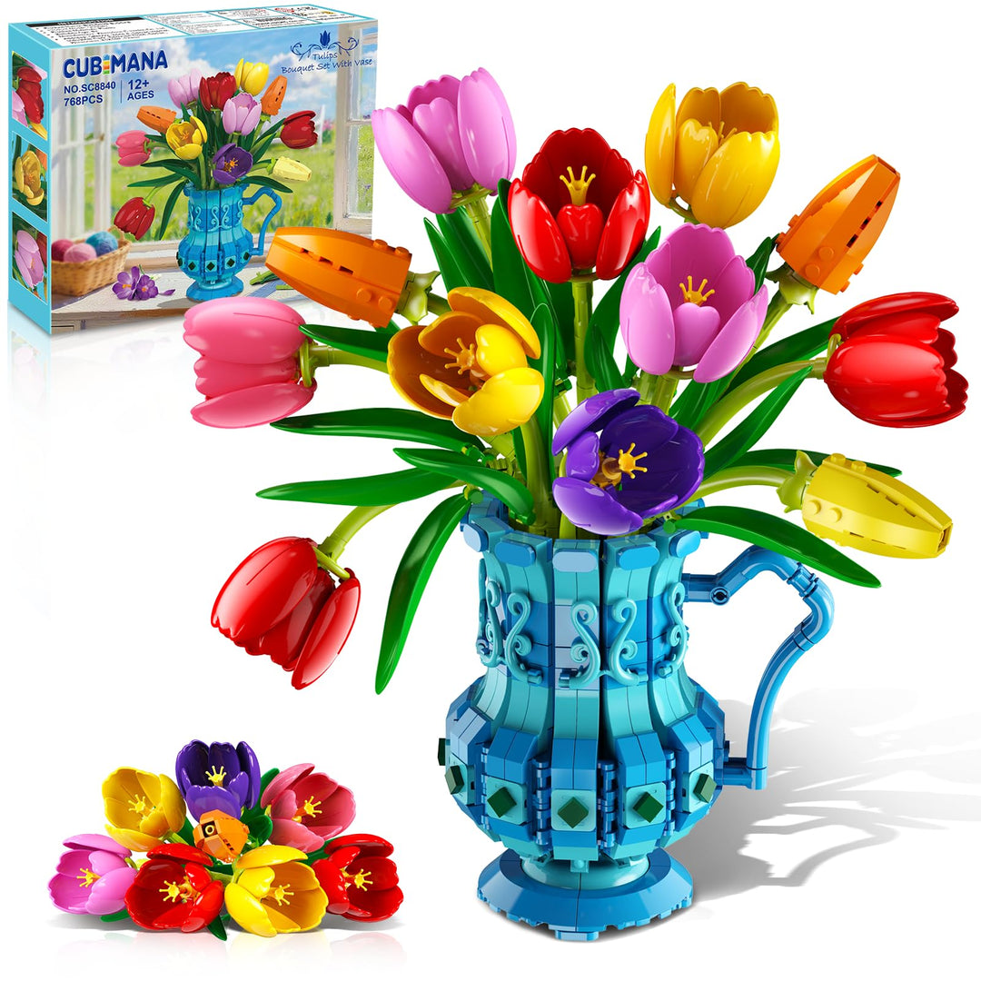 Blumenstrauss Bausatz mit Vase – Tulpen Blumen Bonsai Set für Erwachsene, Geschenk zum Valentinstag