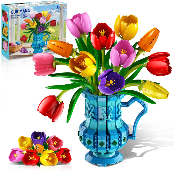 Blumenstrauss Bausatz mit Vase – Tulpen Blumen Bonsai Set für Erwachsene, Geschenk zum Valentinstag