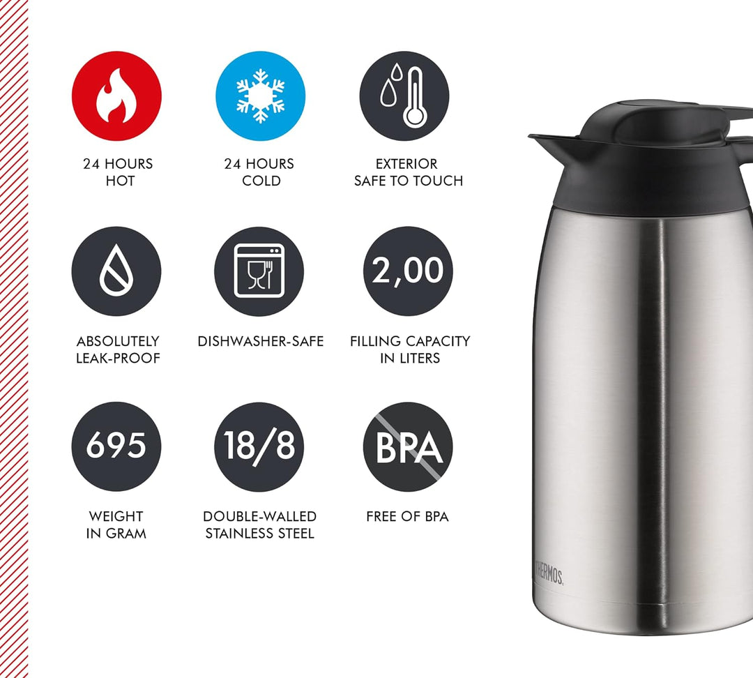 THERMOS Kaffeekanne THV, Thermoskanne Edelstahl 2L, Edelstahleinsatz, grosse Öffnung, spülmaschinenf