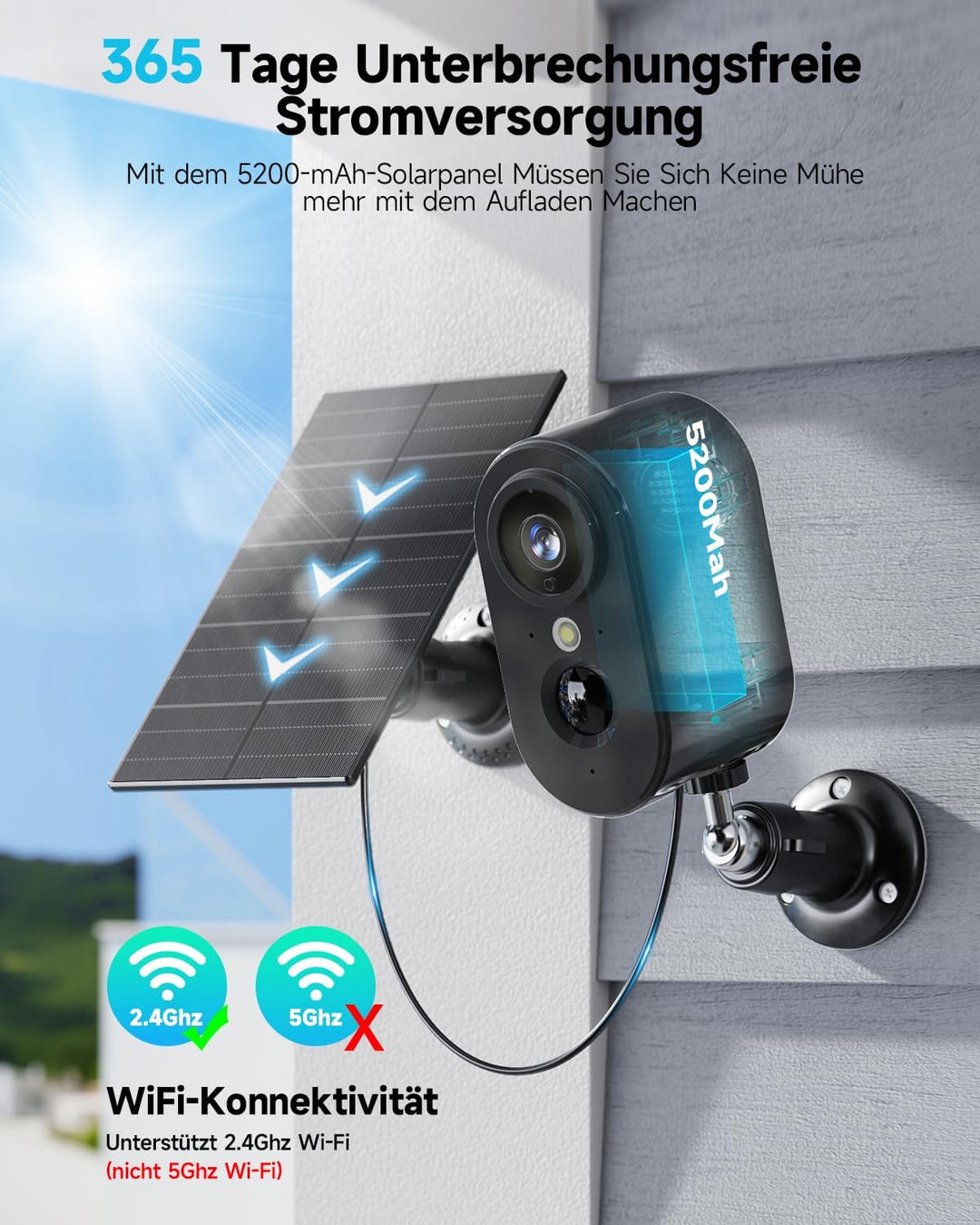 2K Überwachungskamera Aussen Akku/Solar - Kamera Überwachung Aussen WLAN mit Farbige Nachtsicht, Kab