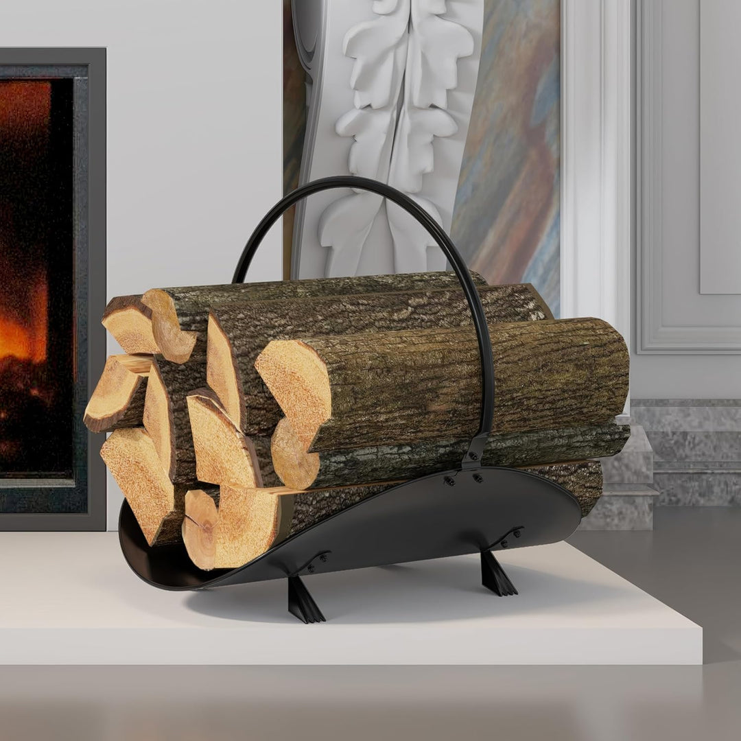 Kingson Schwarzer Holzkorb, 48 x 34 x 37 cm, moderne Kaminholzaufbewahrungslösung