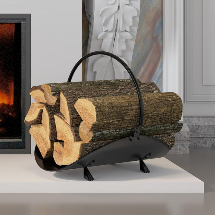 Kingson Schwarzer Holzkorb, 48 x 34 x 37 cm, moderne Kaminholzaufbewahrungslösung