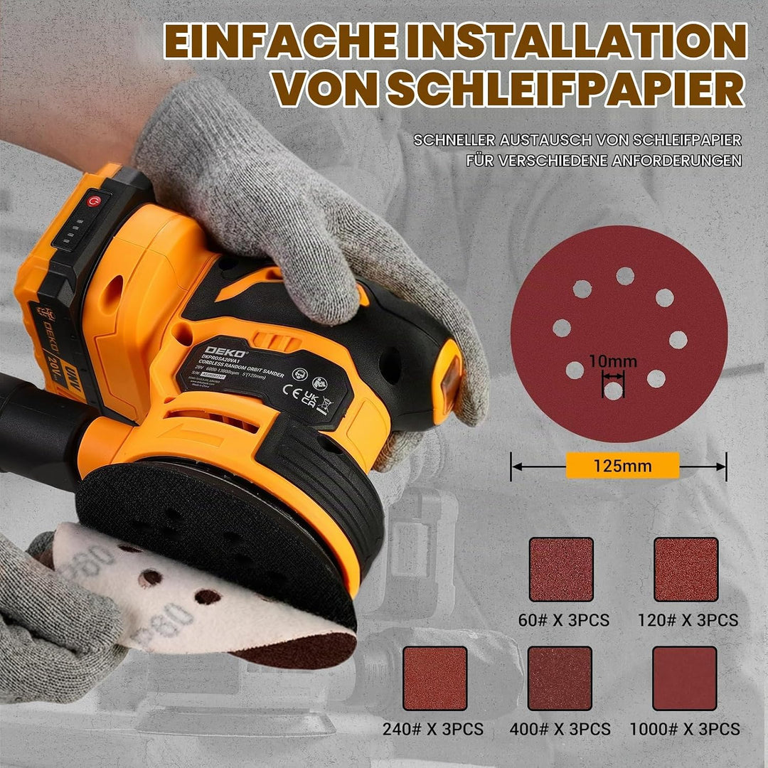 20V Exzenterschleifer Akku 125mm: DEKOPRO Schleifmaschine für Holz,6 variable Geschwindigkeiten, 125