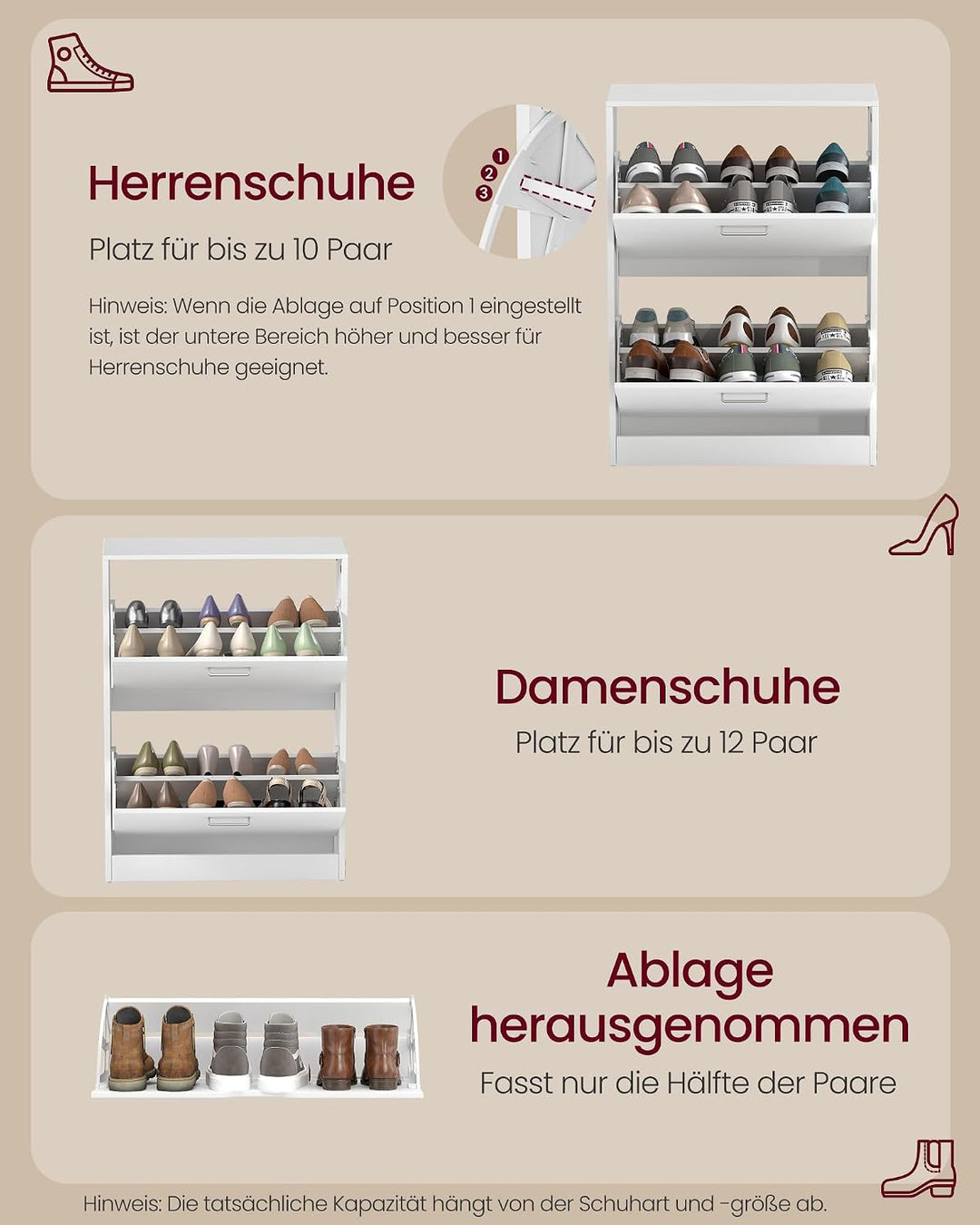 VASAGLE Schuhschrank mit 2 Klappen, Schuhkipper, Trennwände verstellbar und abnehmbar, für 12 Paar D
