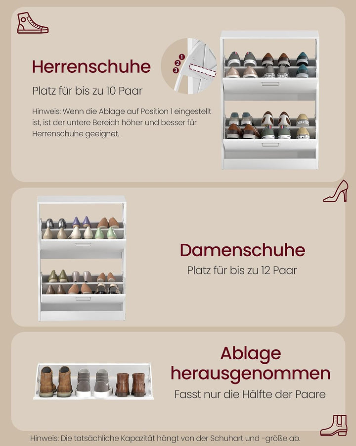 VASAGLE Schuhschrank mit 2 Klappen, Schuhkipper, Trennwände verstellbar und abnehmbar, für 12 Paar D