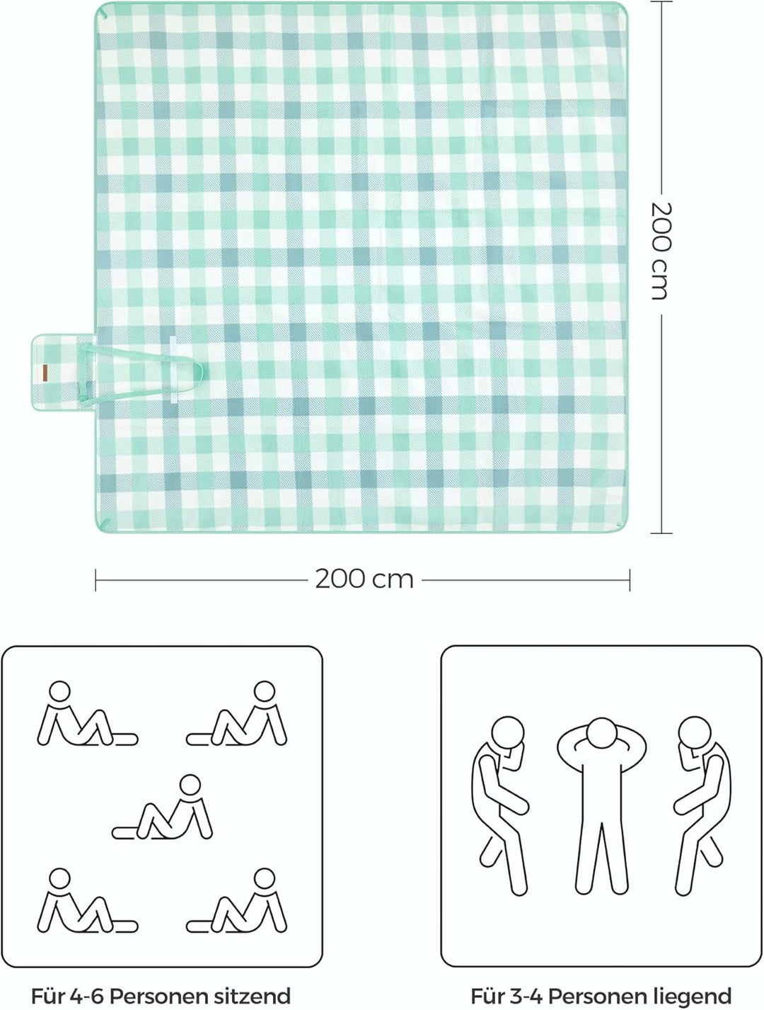SONGMICS Picknickdecke, 200 x 200 cm, mit 4 Erdankern, gross, Campingdecke, für Park, Garten, Strand