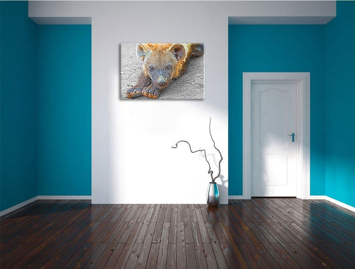 niedliche kleine Hyäne schwarz/weiss Deluxe Format: 100x70 cm auf Leinwand, XXL riesige Bilder ferti