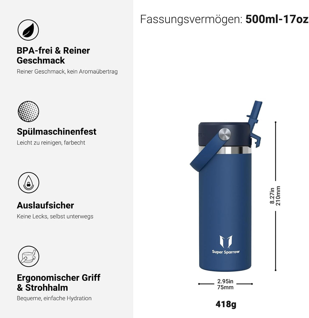 Sparrow Kinder Trinkflasche Edelstahl 500ml Thermosflasche mit Strohhalm | Isolierbecher Thermosflas