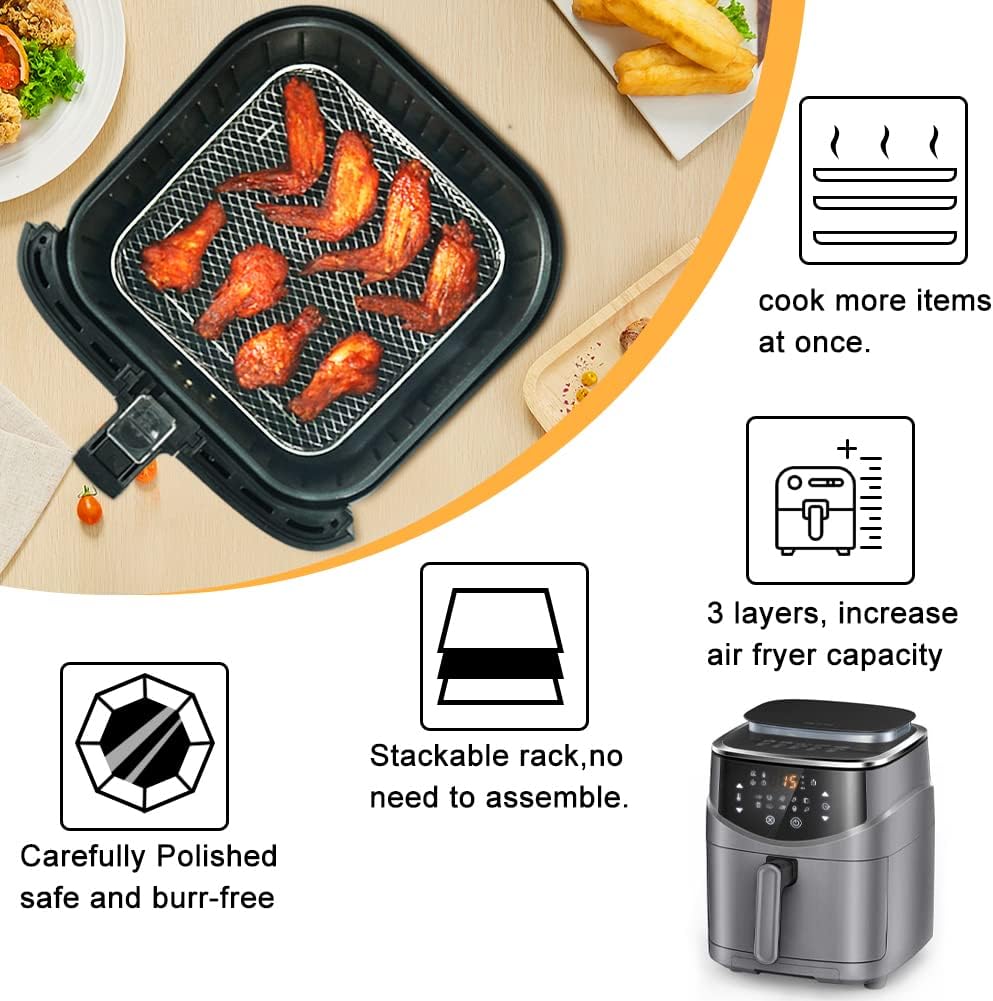 Air Fryer Racks, Square Drei Schichten Stapeln 304 Edelstahl Rack, Air Fryer Korb Tray, Air Fryer Zu