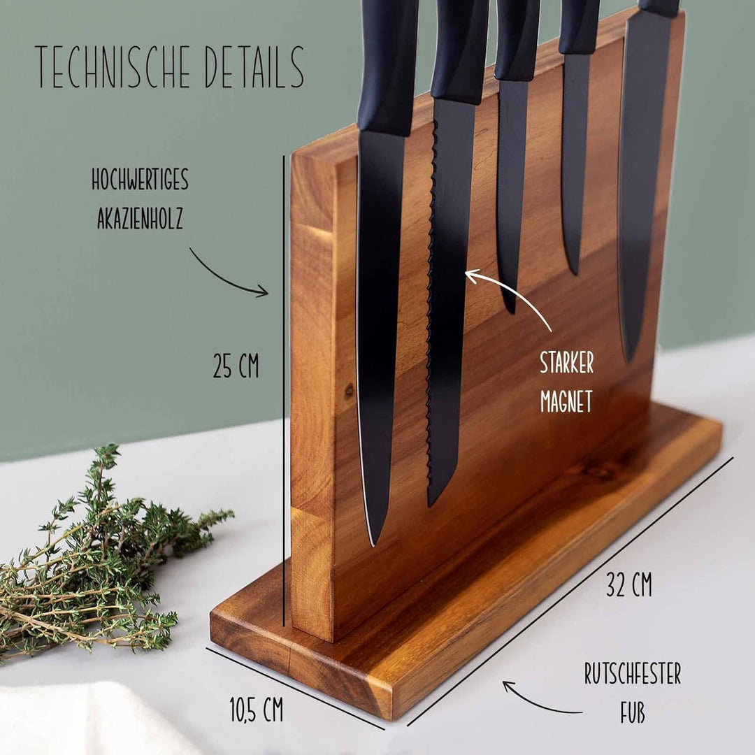 Personalisierter Messerblock Magnetisch aus Akazie - Ohne Messer - 32 x 25 x 10,5 cm - Stabiler Fuss
