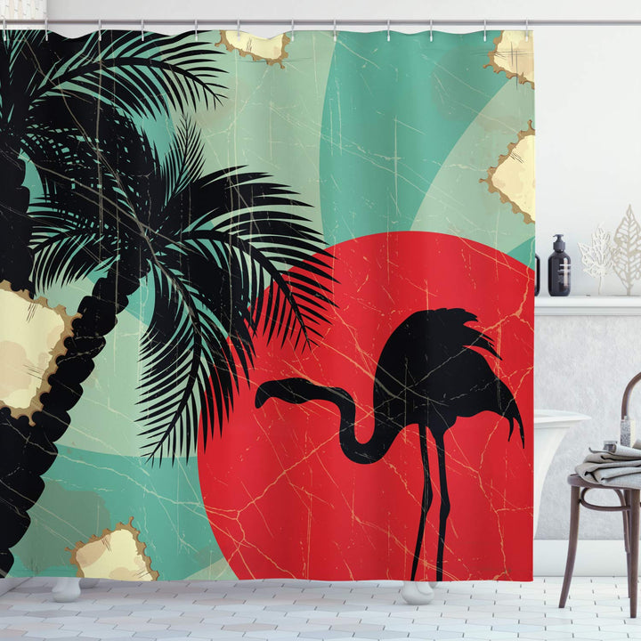 ABAKUHAUS Tropisch Duschvorhang, Grunge Flamingo Palm, Stoffliches Gewebe Badezimmerdekorationsset m