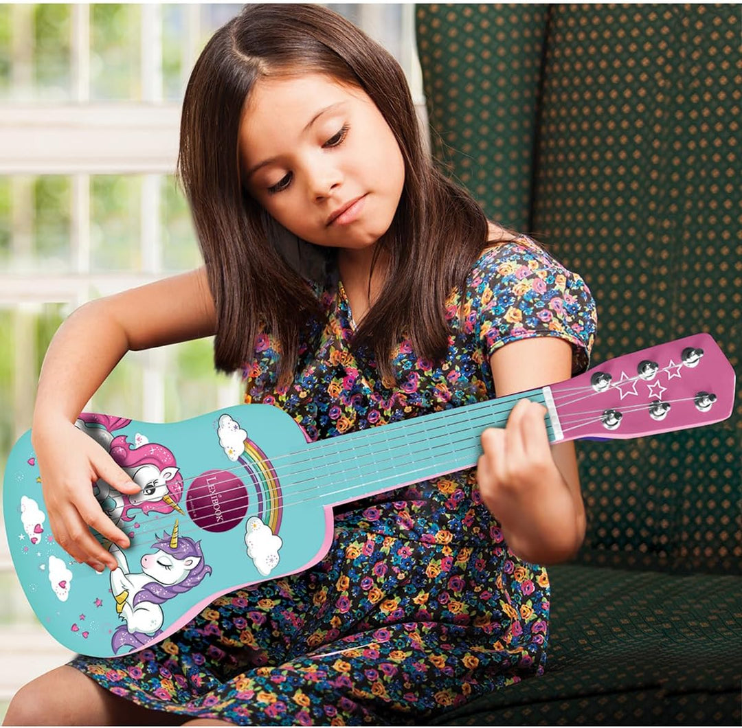 LEXIBOOK K205UNI erste Gitarre aus Holz Einhorn, 6 Saiten, 53 cm, inkl. Anleitung, Rosa/Blau