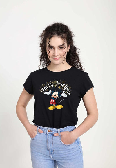 Disney Classics Damen Classic-Mickey Happy New Year Women's Organic Rolled Sleeve T-Shirt M Schwarz,