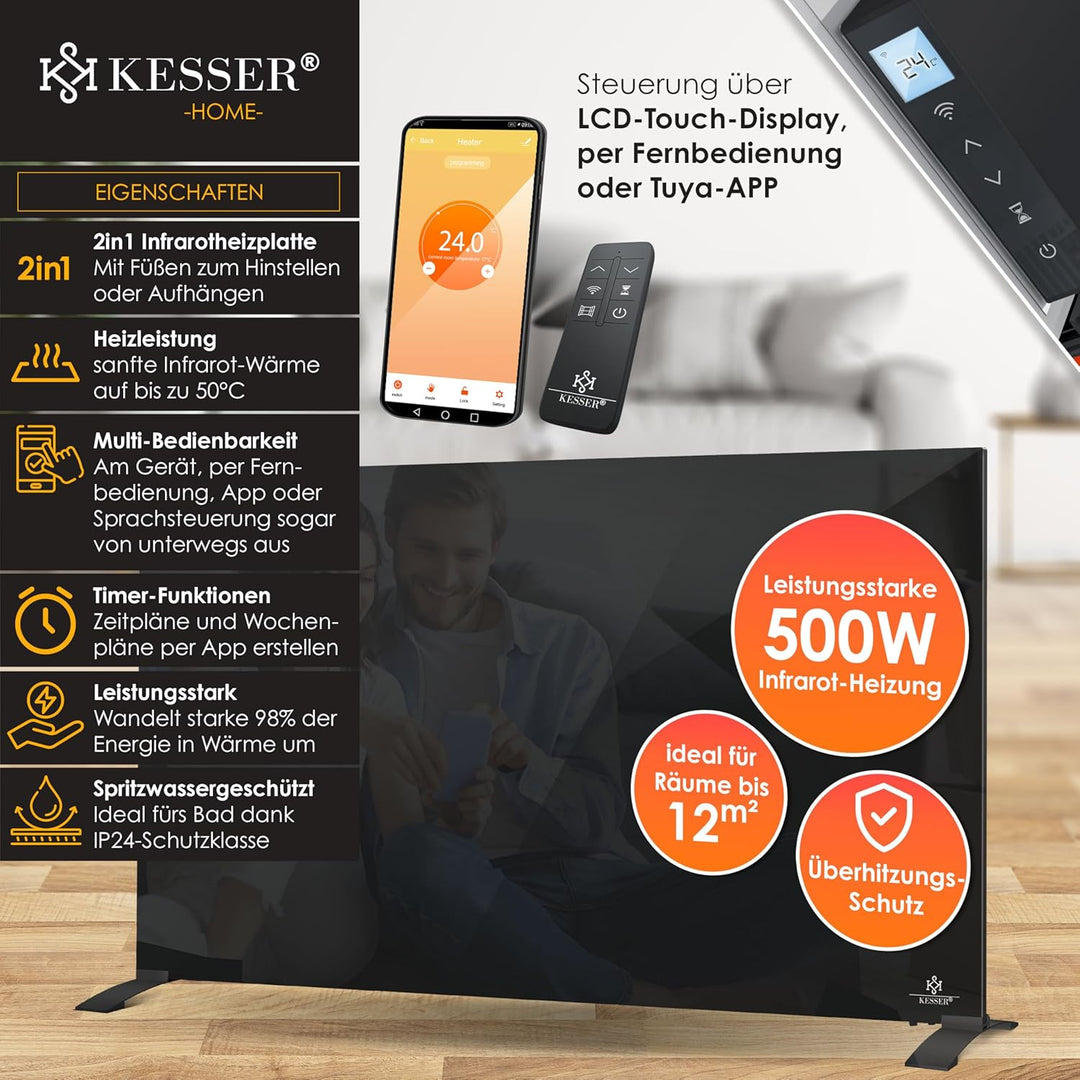 KESSER® Infrarotheizung 500W Glaskonvektor Glasheizung Energiesparend 2in1 Standgerät & Wandmontage