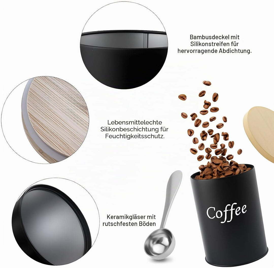 2 Stück Kaffeedose luftdicht, schwarz Kaffeepads Aufbewahrung, mit Holzdeckel, Löffel, 500ml, für Ka