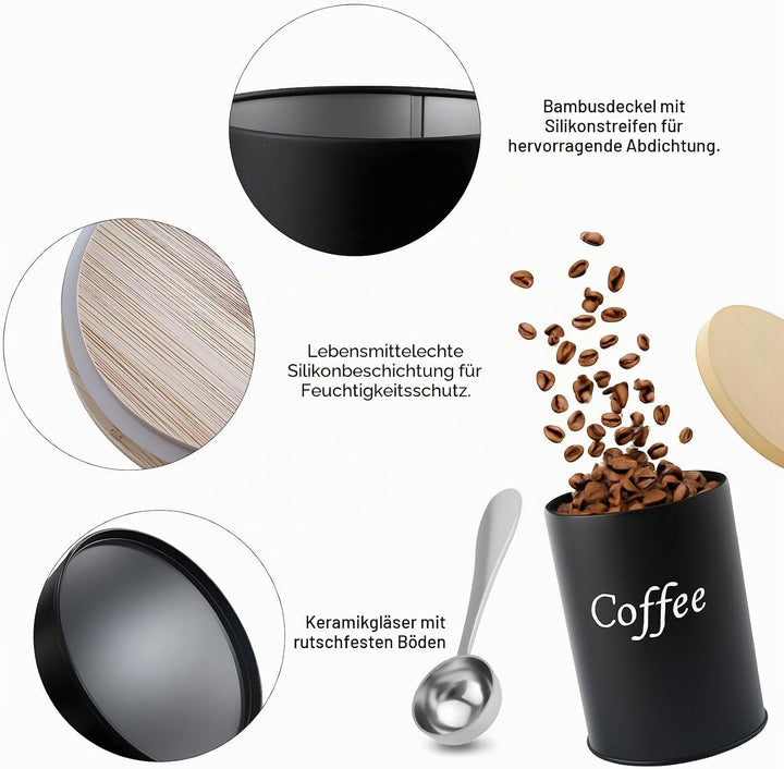 2 Stück Kaffeedose luftdicht, schwarz Kaffeepads Aufbewahrung, mit Holzdeckel, Löffel, 500ml, für Ka