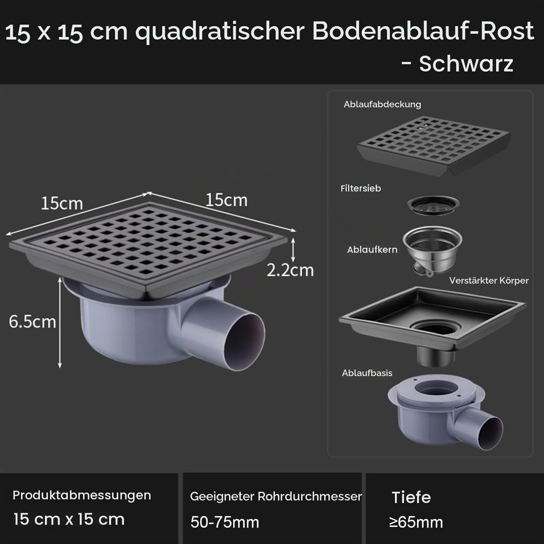 Duschrinne Quadratisch Edelstahl Bodenablauf,15x15cm,Bodenablauf Dusche,Haarfilter 2 in 1 Befliesbar