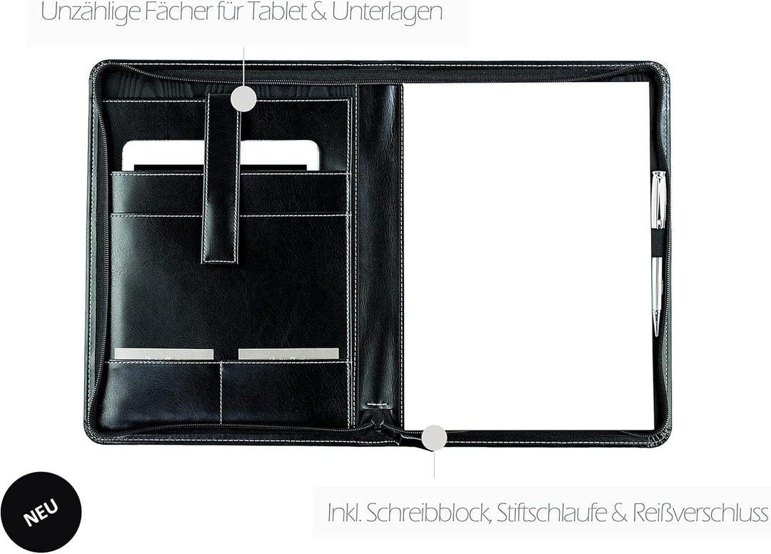 DELMON VARONE - Tablet Schreibmappe mit Reissverschluss inkl. Notizblock DIN A4 aus veganem Eco Kuns