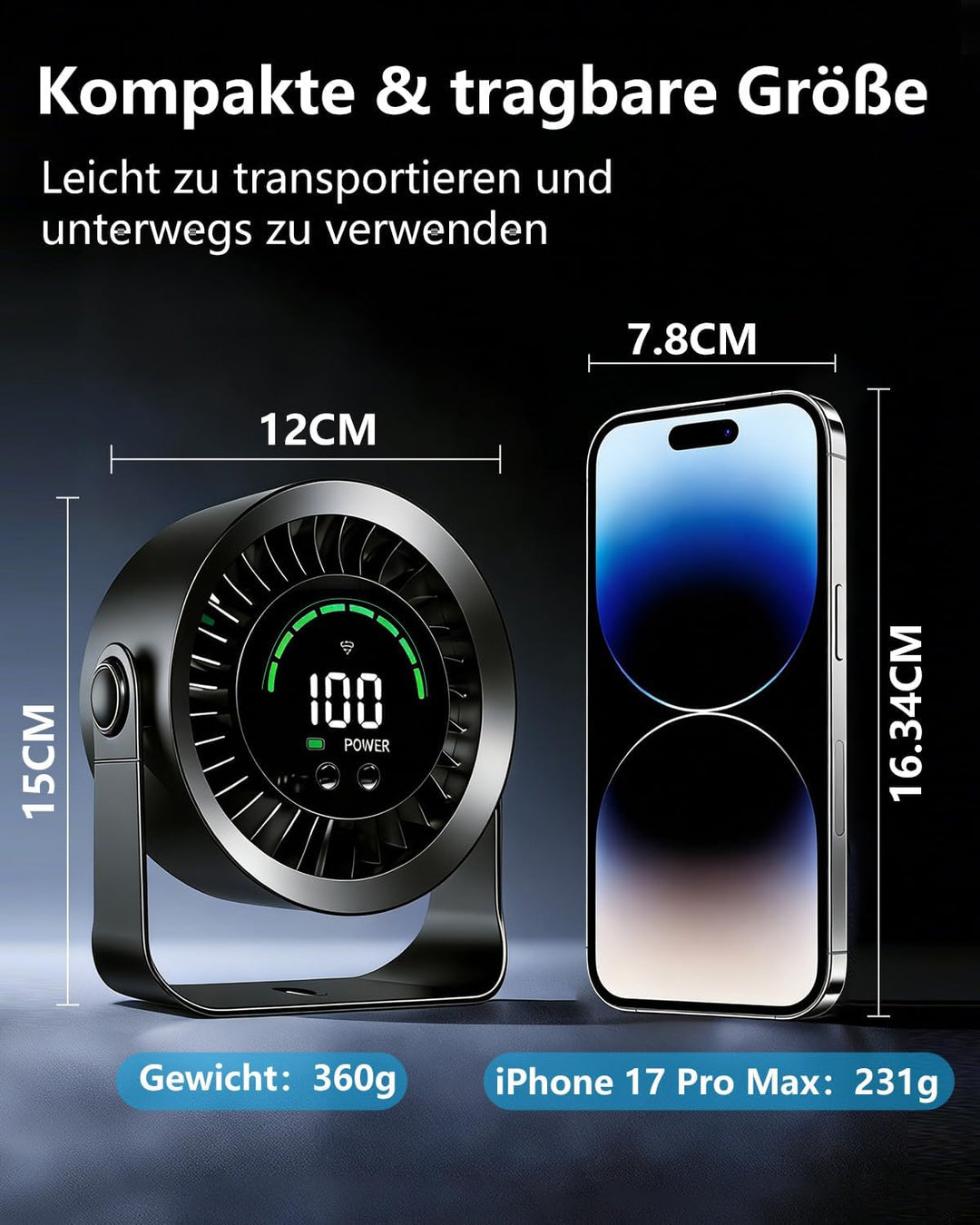 Mini Tischventilator sehr Leise, 4000mAh (14h Laufzeit) & stufenloser Geschwindigkeitsregelung(Max 1