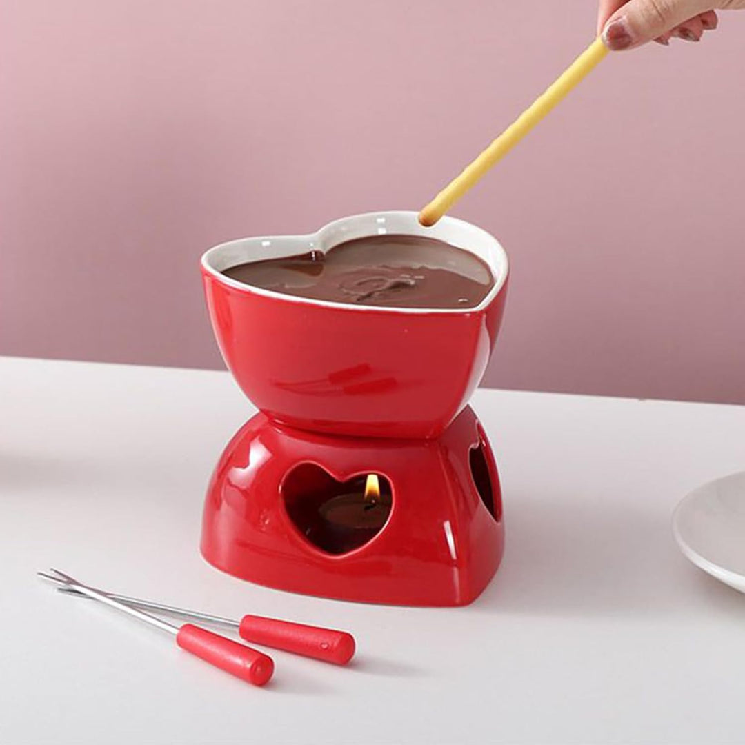 Keramischer Mini-Fondue-Becher Set - Mit Gabeln & Teelicht Für Schokolade & Dessert Rot, Rot