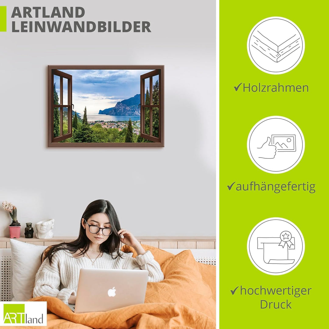 ARTland Leinwandbilder Wandbild Bild Leinwand 70x50 cm Querformat Fensterblick Gardasee Landschaft S