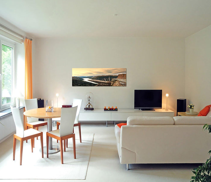Paul Sinus Art Panoramabild auf Leinwand und Keilrahmen 150x50cm Norwegen Felsen Schlucht Fluss Wolk