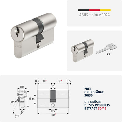 ABUS Profil-Zylinder E30NP 30/45 mit 5 Schlüsseln, 59810, 30/45