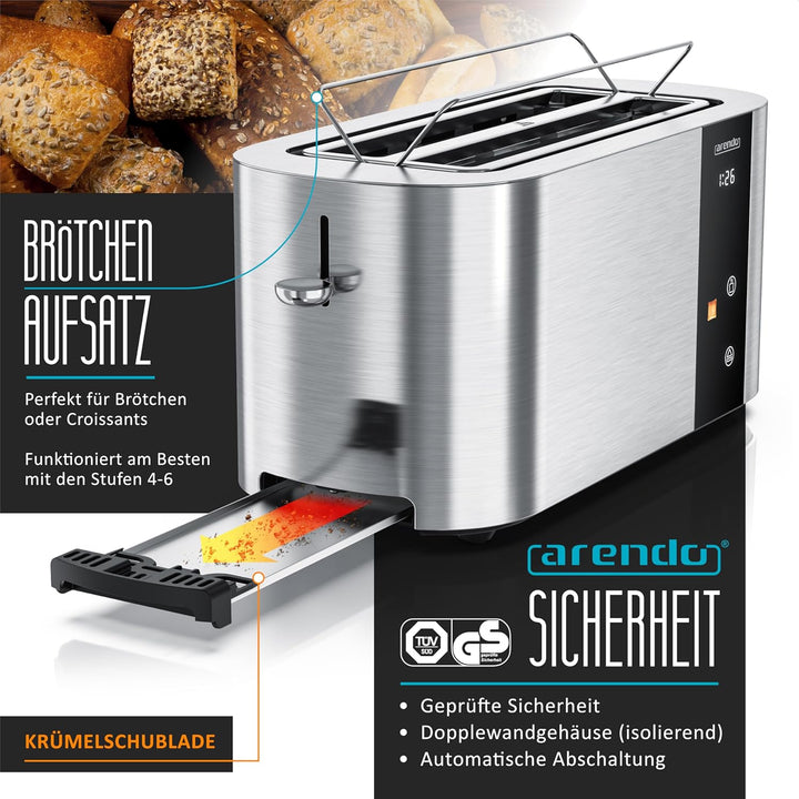 Arendo - Edelstahl Toaster 4 Scheiben Langschlitz - Touchscreen – Doppelwandgehäuse – 1500 W – Integ