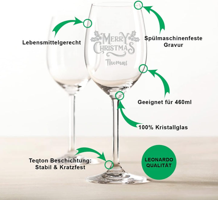 Leonardo Weinglas mit Gravur - Mistelzweige Design - Personalisiert mit Name inkl. bedruckter Holzki