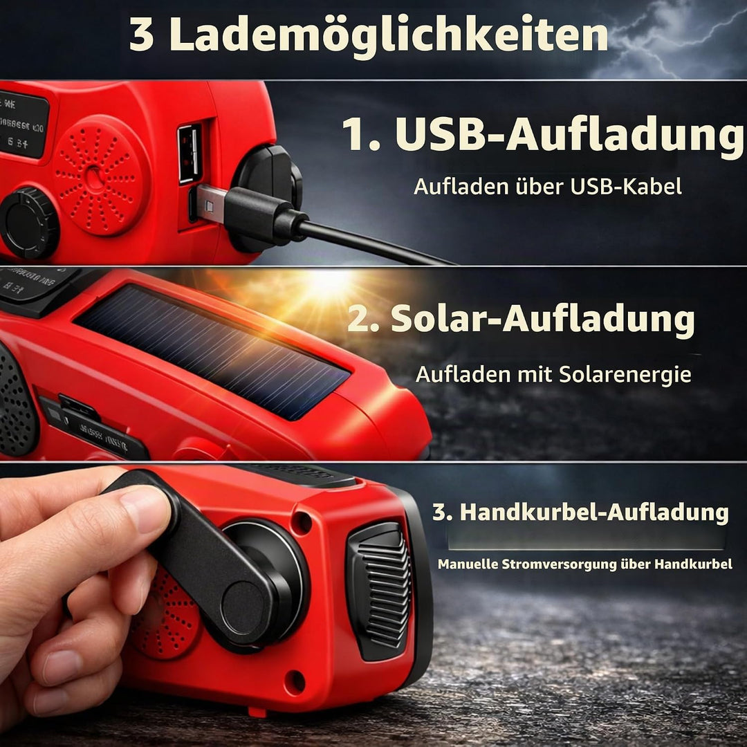 Kurbelradio Notfallradio Solarradio AM/FM, Powerbank 2000mAh, LED Taschenlampe, SOS-Alarm, USB-C, Ha