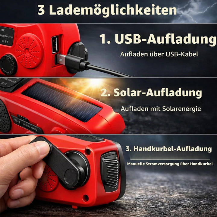 Kurbelradio Notfallradio Solarradio AM/FM, Powerbank 2000mAh, LED Taschenlampe, SOS-Alarm, USB-C, Ha