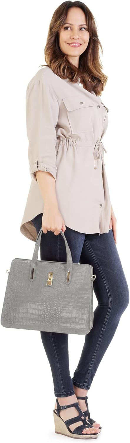 Handtasche Echt Leder Damen | Made in Italy, Smartphonefach, Kroko-Design, elegante Umhängetasche, D