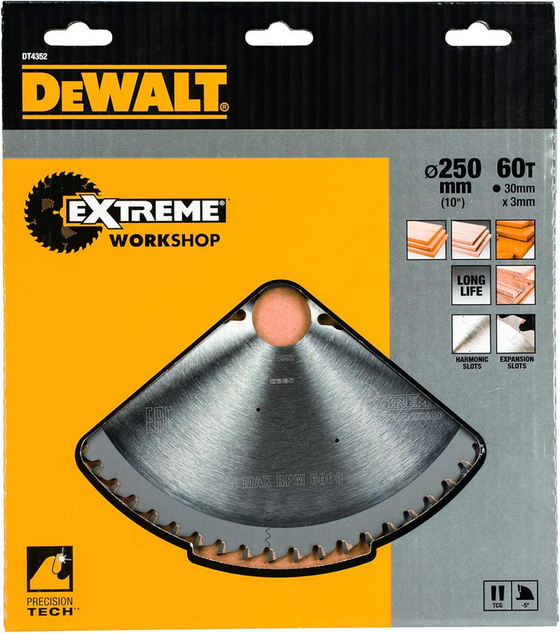 DeWalt Stationärkreissägeblatt / Kreissägeblatt Extreme (250/30mm 60TFZ, feine Schnitte und Querschn